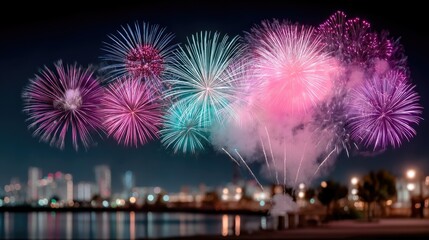 Vibrant Fireworks Display Over City at Night with Colorful Bursts and Reflections in Water
