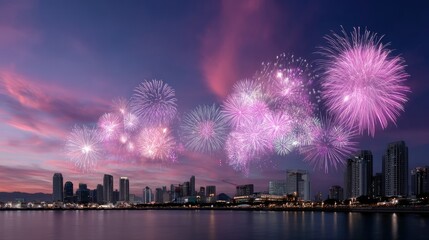 Vibrant Fireworks Display Over Illuminated Cityscape at Dusk with Streaking Lights and Dark Water in Foreground Celebration