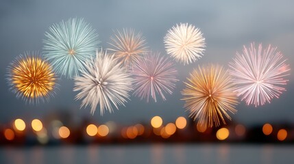 Vibrant Fireworks Exploding in Dark Blue Night Sky Celebration with Bokeh Light Background