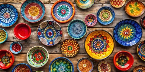 Vibrant Handcrafted Ceramics on Wooden Plates: Aerial Flat Lay Photography