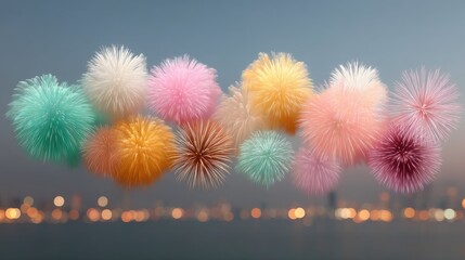 Vibrant Fireworks Exploding at Night Sky Festive Celebration with Colorful Light Bursts and Blurred Cityscape Background