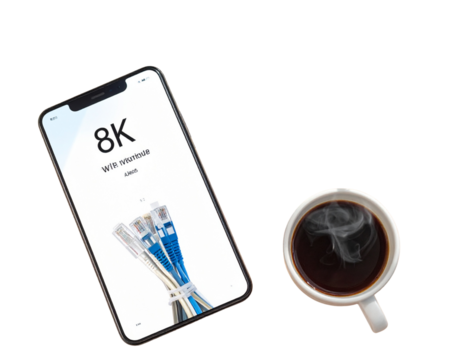 Ultra-detailed 8K top-view flat lay of a clean modern networking scene featuring a  210140