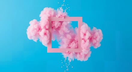 Pink cloud explosion around a square frame on a bright blue background