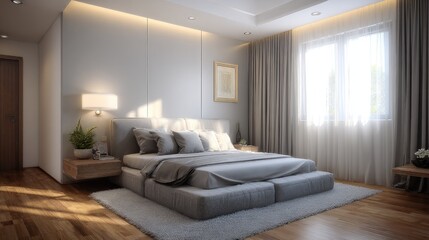 A stylish bedroom featuring a fabric-upholstered platform bed, neutral color palette, wooden flooring, and soft lighting creating a serene modern retreat