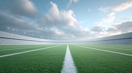 Vibrant Football Stadium Under Cloudy Sky with Green Field and White Lines Under Bright Light