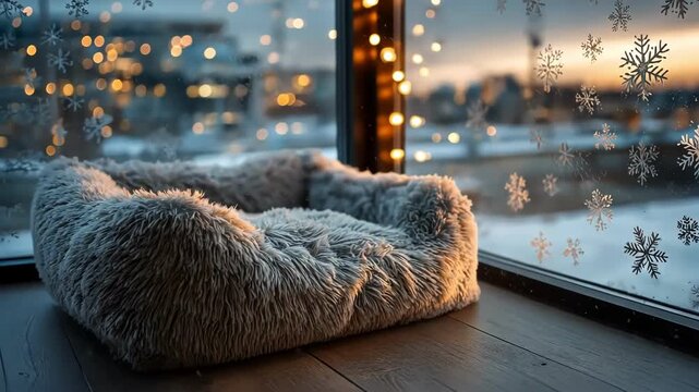Cozy pet bed by a window with snowflake decals and bokeh lights. Winter scene.