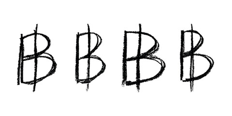 Set of hand drawn thai baht currency symbol. Brush stroke doodle. Single element for design