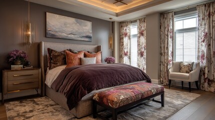 Elegant bedroom showcasing a fabric-upholstered platform bed, matching bench, decorative pillows, and ambient lighting for a luxe feel
