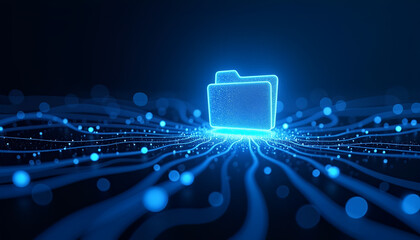 Digital Data Folder Icon with Futuristic Circuit Lines on Blue Background