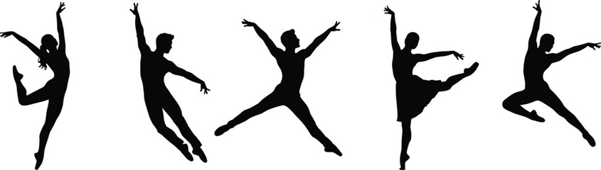 Ballet dancer silhouettes, graceful female figures, elegant dance poses, classical ballet performance, artistic movement, expressive choreography, stage art, body posture, motion study, illustration