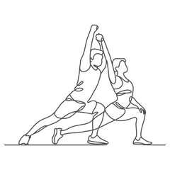 Fitness woman doing yoga by her instructor on mat, vector illustration with black lines isolated on white background.