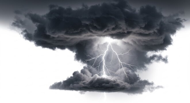 漆黒の重い雷雲が空全体を支配し圧倒的な存在感を放つ その分厚い雲から強烈な白い稲妻が轟き白い背景に鮮やかな閃光を迸らせる 自然の計り知れないエネルギーが解き放たれる劇的な瞬間. AI Generated