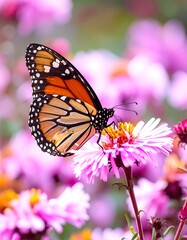 Monarch butterfly feeding on a pink flower in a field of similar blooms