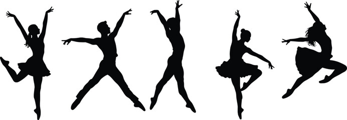 Ballet silhouette dancers, graceful female figures, elegant dance poses, classical ballet performance