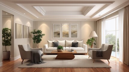 Elegant Living Room Interior: A meticulously designed living space showcases sophisticated comfort, blending classic architectural elements with contemporary furnishings and an inviting.