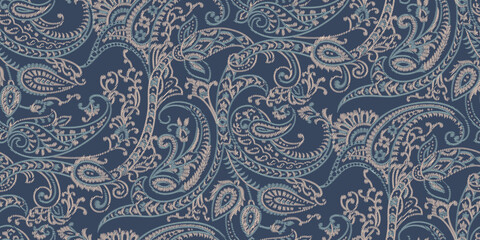 embroidery paisley seamless pattern on navy background