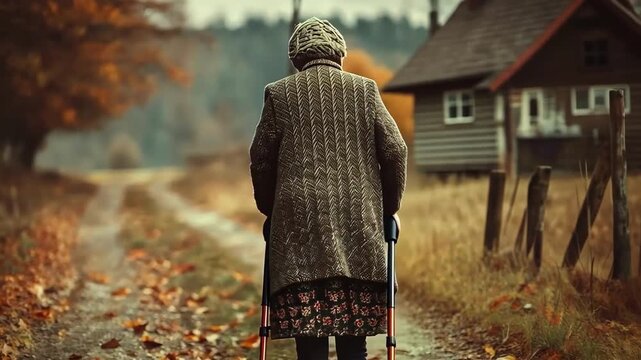 Elderly woman walking with walker on autumn path towards a rustic house.