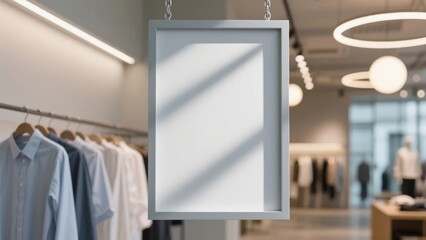 Blank framed sign hanging in a modern clothing store with shirts on racks and circular lighting