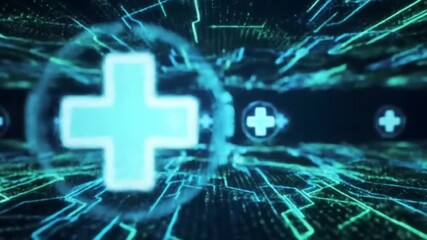 Futuristic cyber healthcare visuals with moving neon lines and holographic health symbols