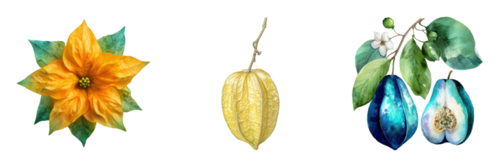 Watercolor collection showing fruits, flower and leaves isolated on the black background, on transparent background