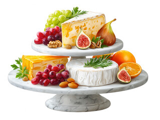 A beautifully arranged cheese platter featuring various cheeses, fresh fruits, nuts, and herbs on an elegant stand.