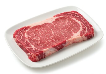 Raw Beef Meat on Ceramic Plate &ndash; Fresh Cut Isolated on White