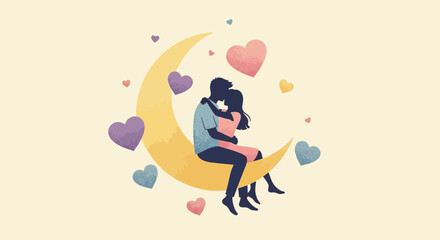 Couple Embracing on Crescent Moon Surrounded by Hearts 1.