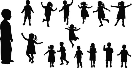 Children silhouettes, kids playing, jumping, running, dancing, childhood activity, group of children, black silhouettes, playful kids, active lifestyle, motion