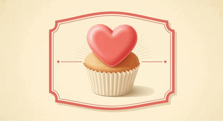 Cupcake with Heart Topping in Decorative Frame Sweet Treat Delight.
