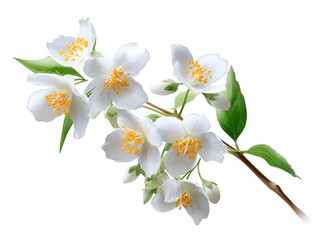 A delicate branch of white jasmine flowers with vibrant yellow stamens and lush green leaves.
