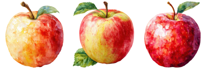Watercolor painting of three ripe apples with leaves, hand drawn illustration on transparent background