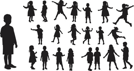 Children silhouettes, kids standing, walking, running, playing, childhood activity, black silhouettes, group of children, playful kids, motion, energy, lifestyle, fun, casual clothing,
