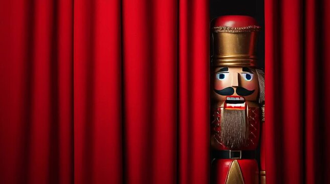 Nutcracker toy soldier peeking from red stage curtain festive Christmas theme