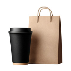 Brown paper shopping bag beside black coffee cup