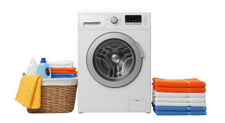 Modern white washing machine with a basket of clean folded laundry and a stack of towels, isolated on transparent background