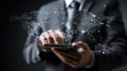A businessman interacts with a digital world map, highlighting global connectivity through technology and data.