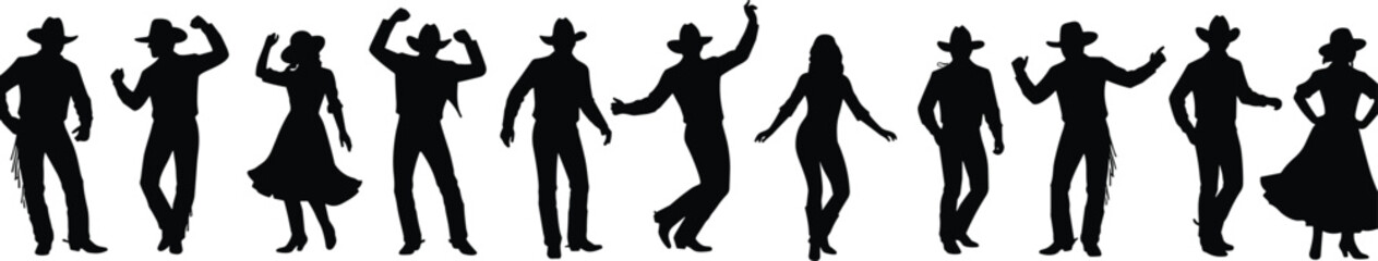 Cowboy silhouettes dancing, western line dance group, country music party, rodeo style performance, wild west culture, boots hats rhythm