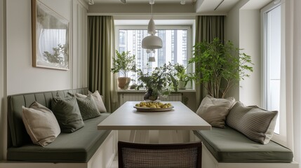 Fototapeta premium Interior Dining Scene: A modern interior dining space that is filled with natural light, designed with a combination of textures and stylish furnishing, providing a sense of peaceful elegance.
