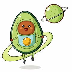 Cute Avocado Astronaut Character with Planet in Space Cartoon Illustration