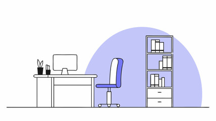 Fototapeta premium Modern office interior design with contemporary furniture, computer desk, and shelf illustration