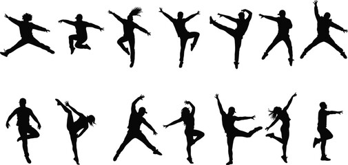 Dance silhouettes, male and female dancers, dynamic poses, expressive choreography, jumping figures, artistic movement, stage performance, body posture, motion study, illustration art