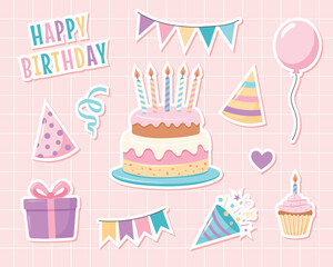 Birthday party stickers. Birthday elements set. Vector illustration