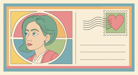 Vintage Postcard Featuring a Woman with Green Hair and Heart Stamp.