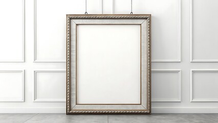 Empty vintage picture frame leaning against a white wall, perfect for displaying art, photos, or creating a stylish interior mockup