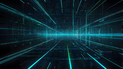 Modern technology background, glowing digital lines, neon blue and green futuristic design.