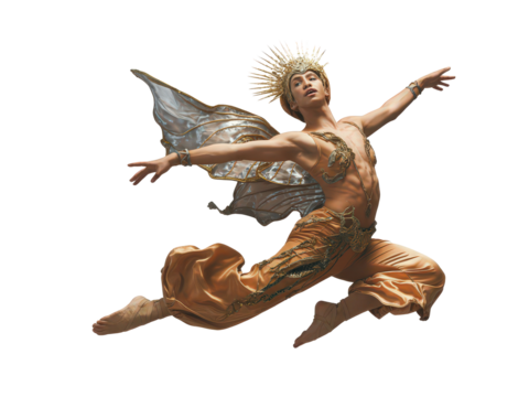 Dramatic Dancer in Ornate Costume Mid-Leap Against White Background
