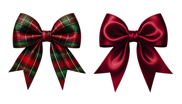  Festive Plaid Bow and Elegant Satin Bow, isolated on transparent background