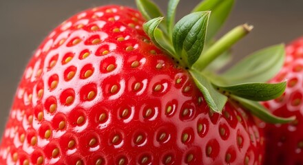 Close-up of a vibrant, ripe strawberry showcasing its texture and details, perfect for food themes