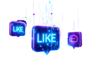 Hyper-realistic 8K angled shot of floating 3D social media icons (like, share, chat)  281778