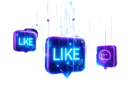 Hyper-realistic 8K angled shot of floating 3D social media icons (like, share, chat)  281778